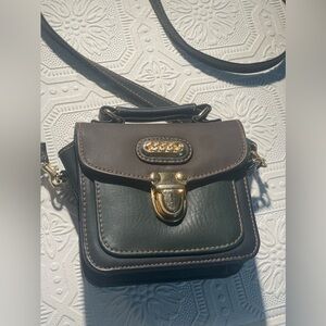 Vintage Veneta Dark Green and Brown Leather Shoulder Hand Bag with Gold Hardware